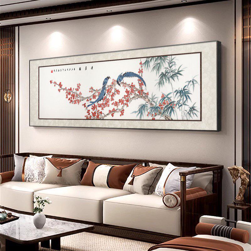 新中式花鸟客厅装饰画红梅蓝鹊沙发背景墙挂画寓意书房背景墙装饰