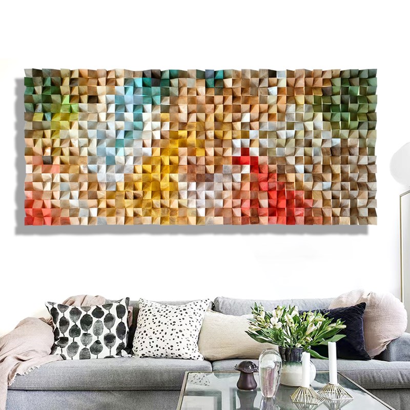 彩色原实木头马赛克背景墙拼图立体装饰画挂画玄关走廊高端背景墙