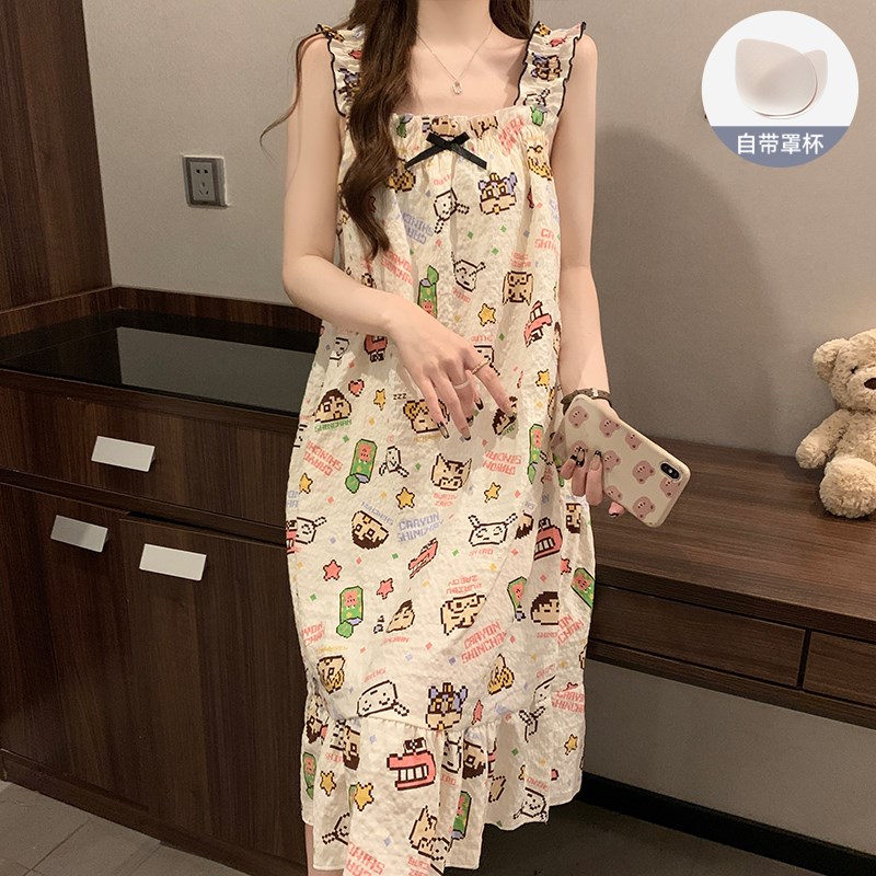 带胸垫夏日吊带睡裙女夏季薄款日系可爱睡衣洋装大尺码孕妇居家服