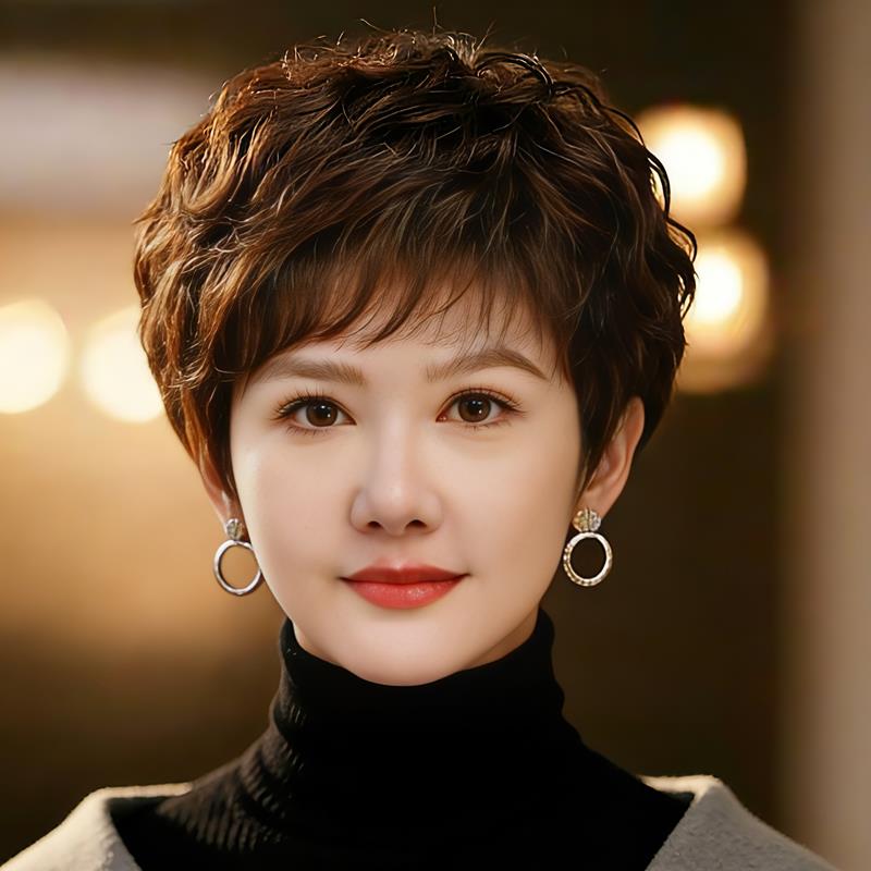 假发全头套女短发真人发丝妈妈款卷发头套自然全真发中老年假发套