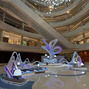 大型不锈钢雕塑定制白钢水景浪花圆环月亮发光景观抽象金属大摆件