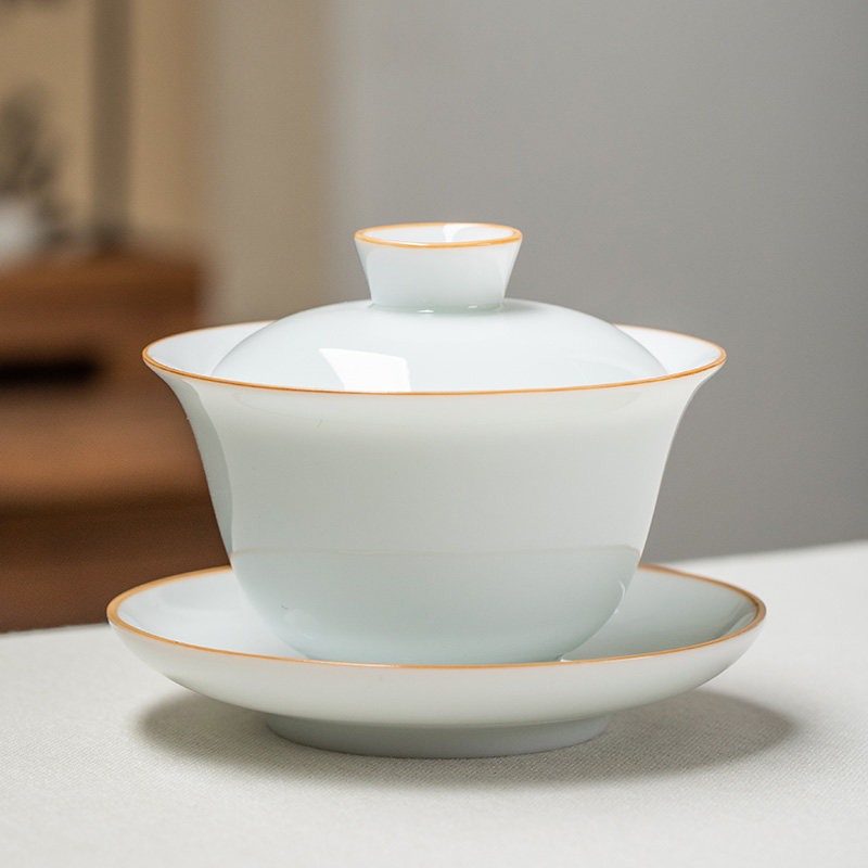 甜白瓷功夫茶具茶盘套装家用简约办公室茶船盖碗斗笠茶杯茶壶整套