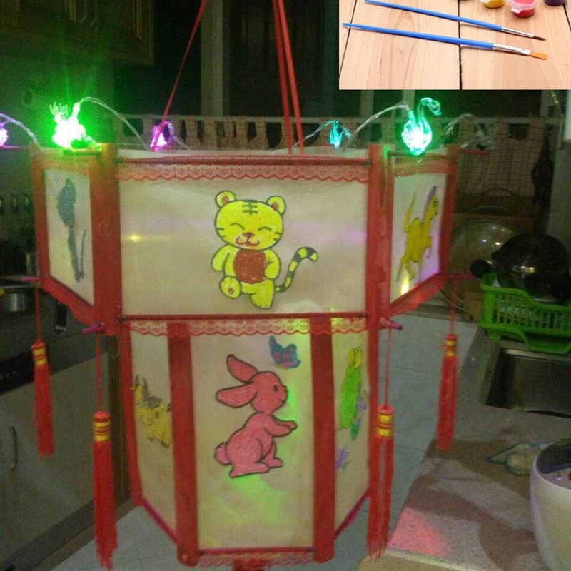手绘宫灯手工灯笼材料包 布+实木 12生肖六角 元宵 兔子灯猪灯DIY