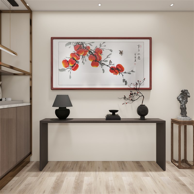 手绘国画事事如意餐厅别墅条案装饰画寓意好柿子喜鹊中式挂画横款