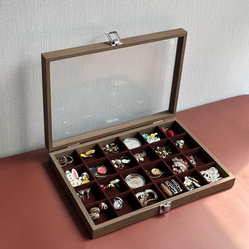胡桃木纹戒指耳钉珍珠项链首饰盒首饰展示托盘珠宝饰品文玩收纳盒