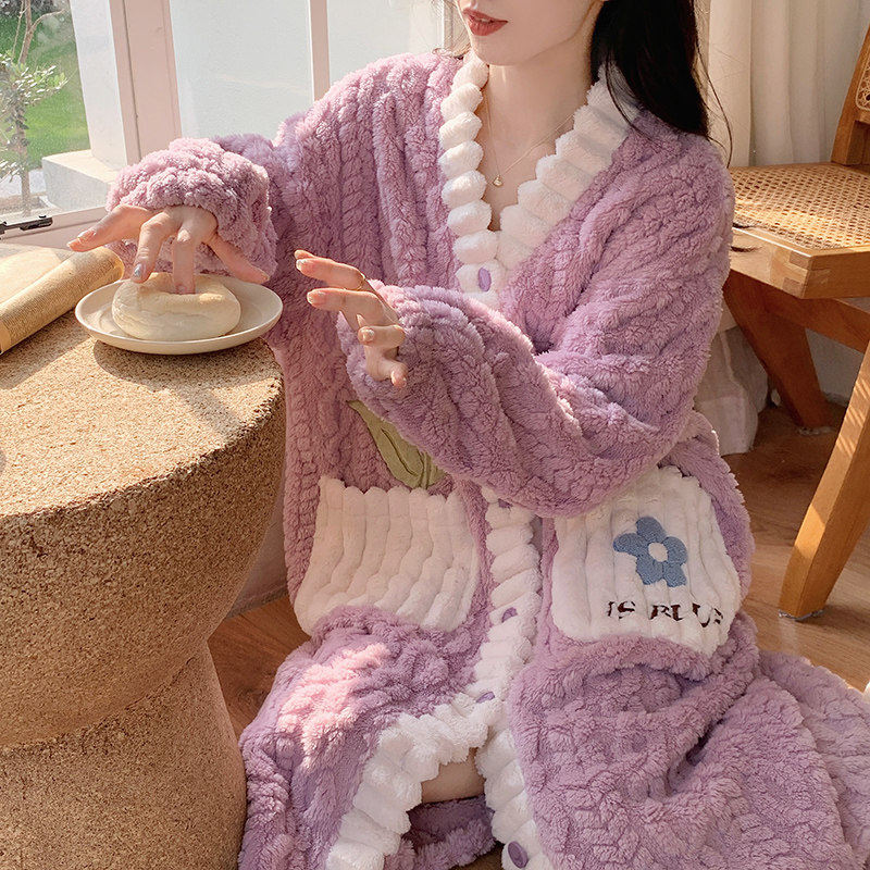 珊瑚绒睡袍女秋冬季加绒加厚长款冬天睡衣2023年新款保暖家居服