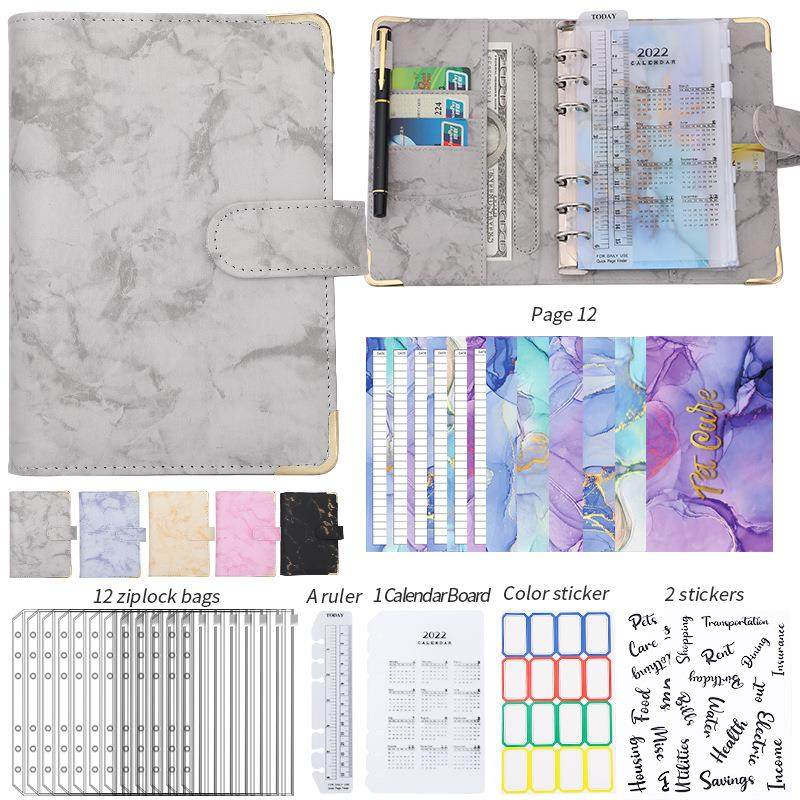 跨境A6活页夹预算本大理石纹笔记本皮革PU活页本现金预算卡手账本