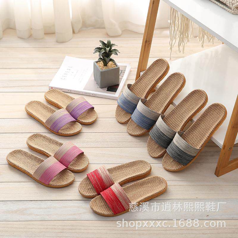 横条款室内地板木板拖鞋男四季织带男女情侣室内居家居亚麻拖鞋4