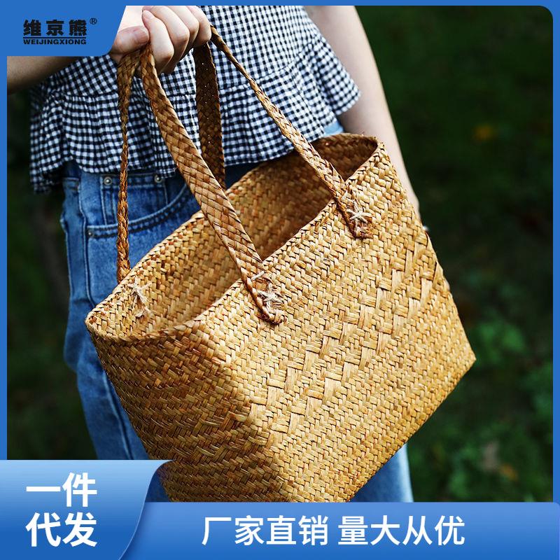 草编手提包购物篮 家用买菜篮子送礼篮 户外野餐篮编织提篮出昌雷