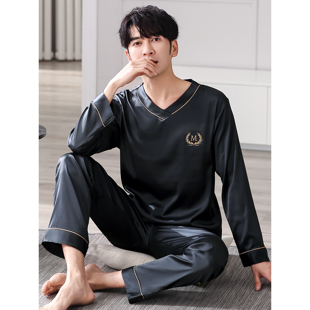 芬腾冰丝长袖长裤睡衣男士春秋季薄款丝绸家居服宽松休闲两件套装