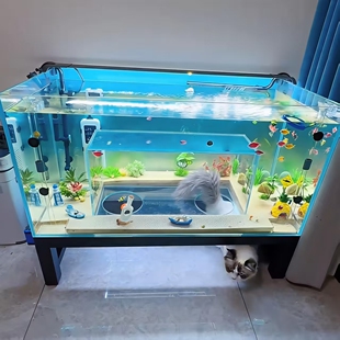 猫咪观赏鱼缸可钻金晶五线超白玻璃猫窝方缸宠物隧道观景生态鱼缸