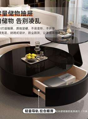 极简茶几意式代小户型客用厅XZW现家奢玻璃茶桌黑色大小圆茶轻几