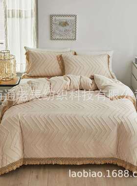 跨境欧美外贸色床上方用品工艺纯剪花格波LBLS浪款流苏花边被套三