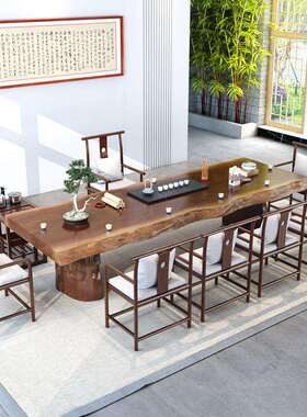 新桌中式禅意实茶桌全木套大板茶桌公椅组合泡茶桌MJE实木茶办室