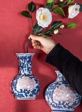 中式花青花陶瓷瓷器挂瓶YWN壁挂半培瓶墙上瓶垂吊绿萝花盆中式水