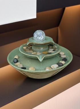 欧式蓝色陶瓷喷泉流水器家居客厅柜台桌面水景水晶球室内装饰摆件