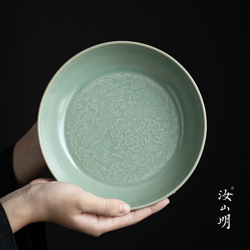 汝山明凤纹盘仿古豆青釉家用瓷器摆件收藏冰裂纹开片可养汝窑果盘,餐饮具,盘,淘宝优惠券,粉丝福利购,淘宝优惠卷