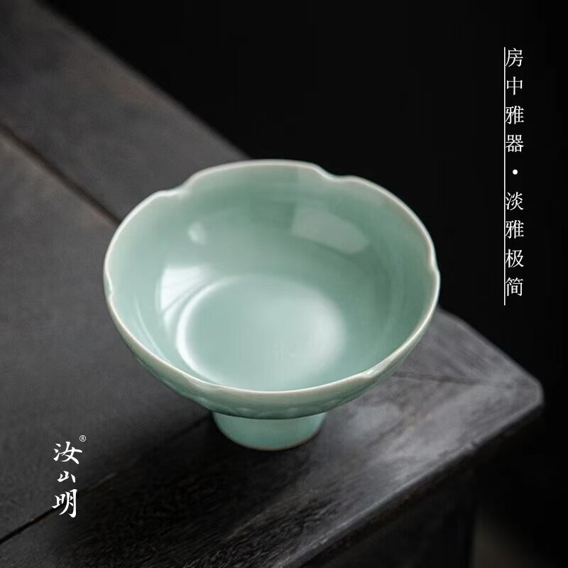 莲瓣高足盘汝窑茶席瓜果盘仿古豆青釉壶承底座茶点盘禅意餐具