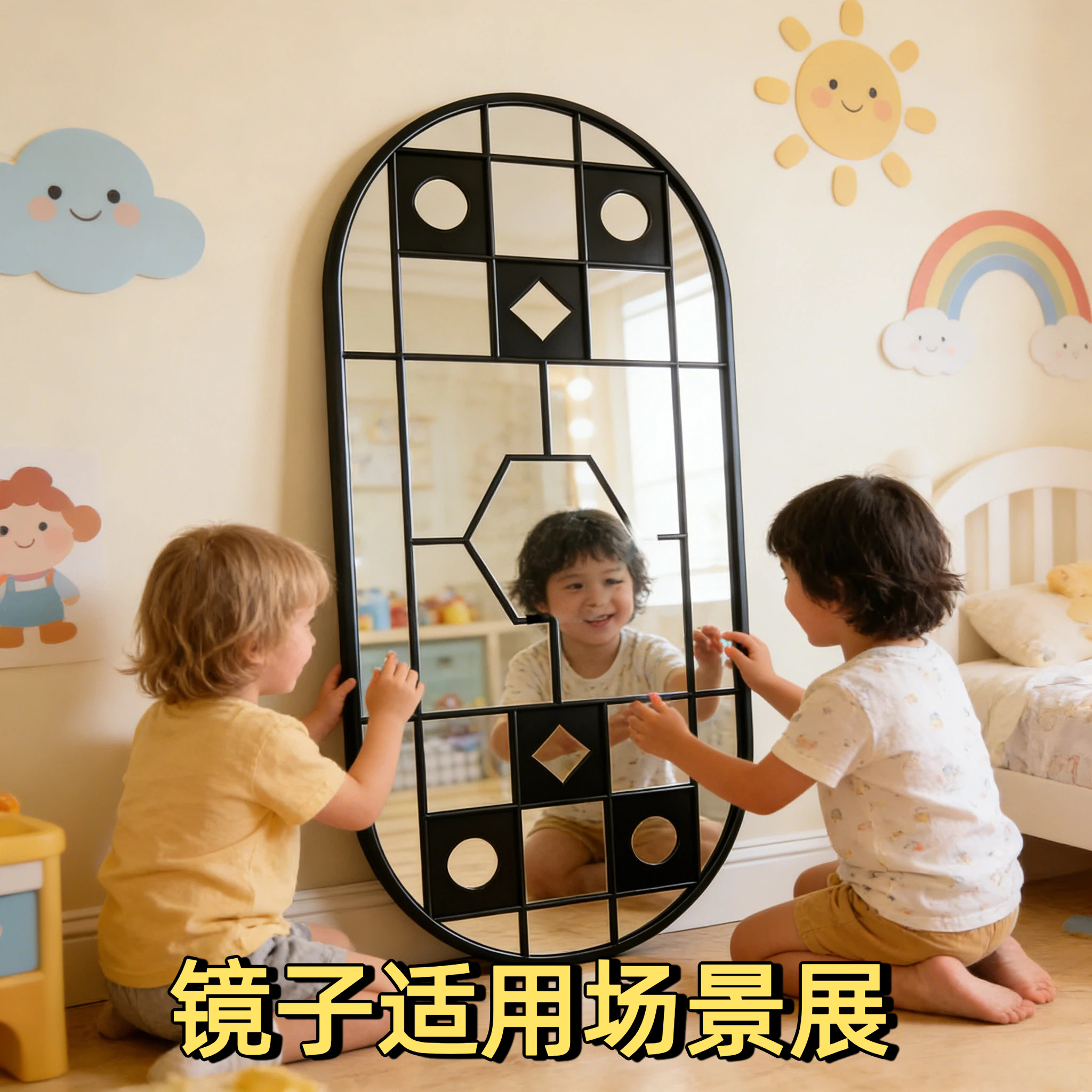 铁艺椭圆壁挂镜玄关挂镜客餐厅假窗轻奢壁挂镜卧室装饰镜服装店镜