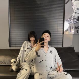 男夏 ins可爱卡通熊猫情侣睡衣女春秋季 长袖 薄款 青少年家居服套装