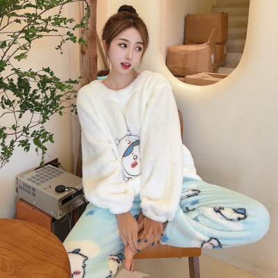 日系卡通自嘲熊冬款睡衣女珊瑚绒加厚保暖法兰绒家居服套装可外穿