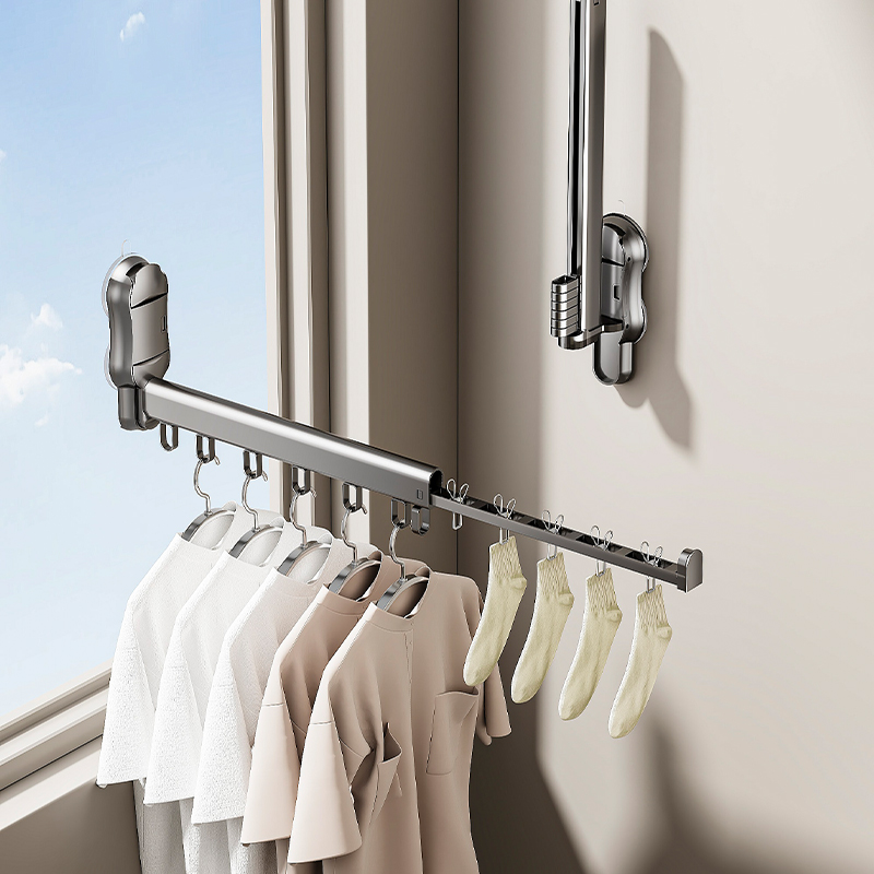吸盘式晾衣架阳台玻璃强力吸附折叠伸缩铝合金晾衣杆晒衣
