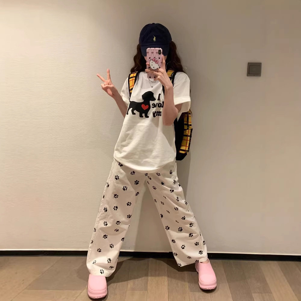 美式卡通小狗纯棉白色短袖t恤女2026新款夏季宽松慵懒风半袖上衣