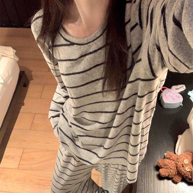 睡衣女春秋季长袖长裤德绒磨毛纯棉条纹宽松可外穿出门家居服套装