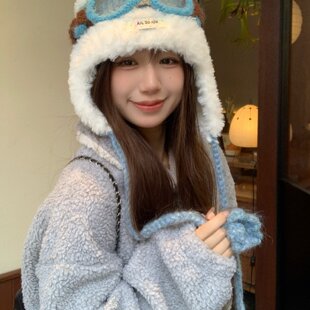 粉色眼镜毛绒针织护耳帽女冬季可爱显脸小搞怪飞行帽护耳毛线帽子