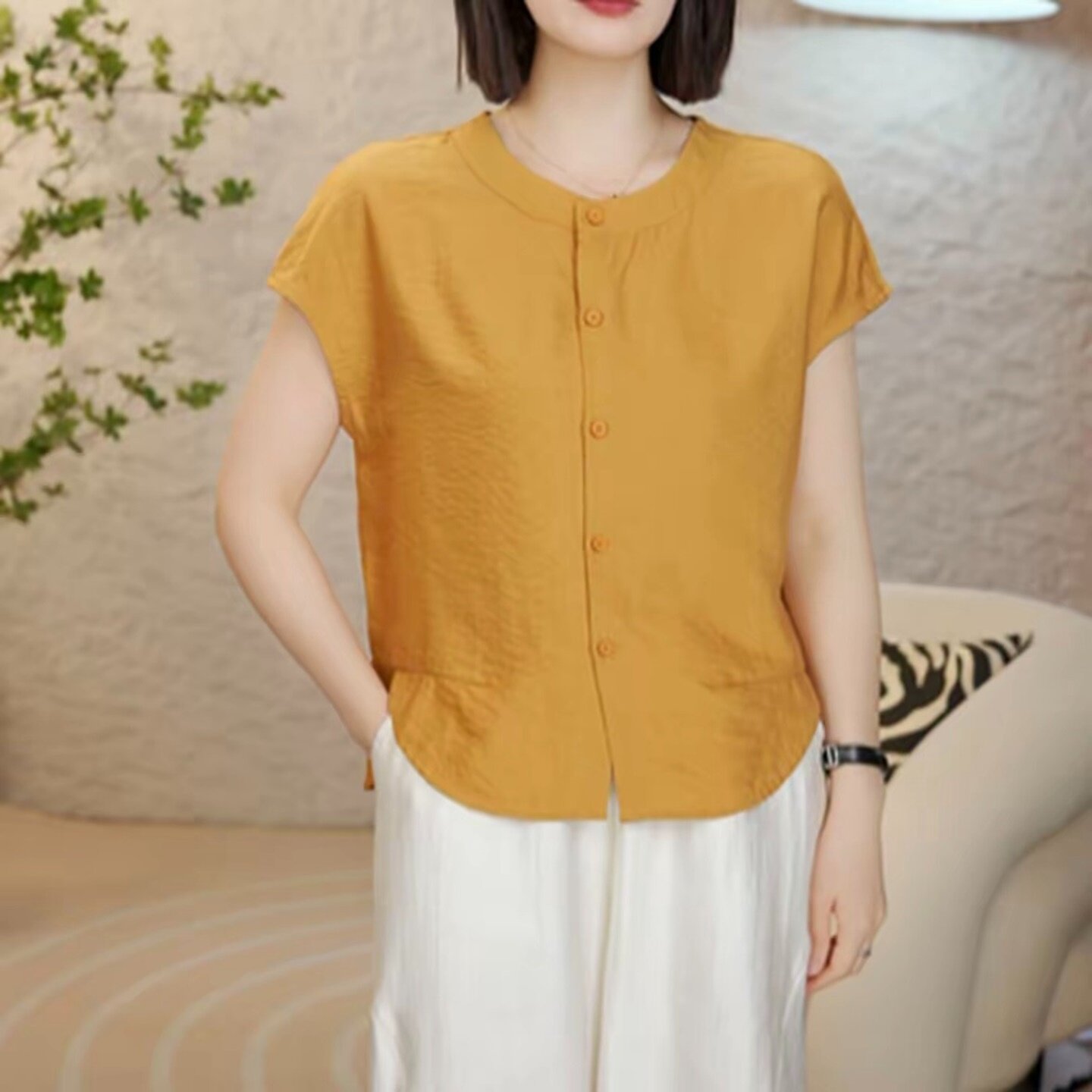 夏季天丝麻短袖圆领开扣衬衫女士大码洋气气质高级设计感显瘦上衣