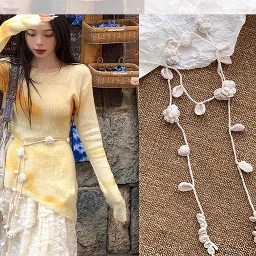 玫瑰花腰链黑色针织钩花项链女时尚穿搭腰带腰间配饰长条丝巾围巾