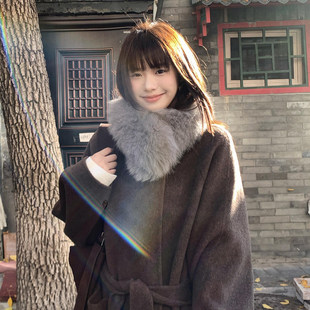 气质灰色仿狐狸毛毛绒围巾女冬季保暖加厚磁吸毛领围脖时尚高级感