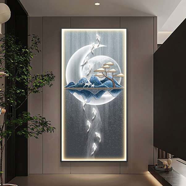 现代轻奢九鱼图玄关装饰画客厅走廊过道发光画高档抽象风景山水画图片