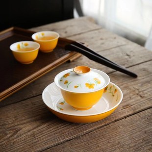手绘陶瓷盖碗单人女茶盏盖杯家用功夫茶具高端小号三才泡茶碗壶承