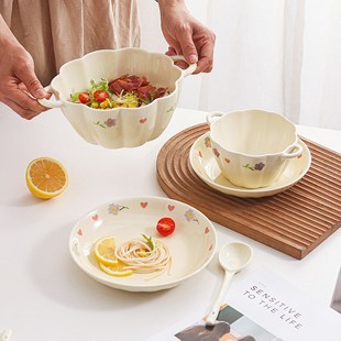 奶油双耳碗釉下彩家用陶瓷碗甜品碗高颜值燕麦碗蒸蛋碗水果沙拉碗