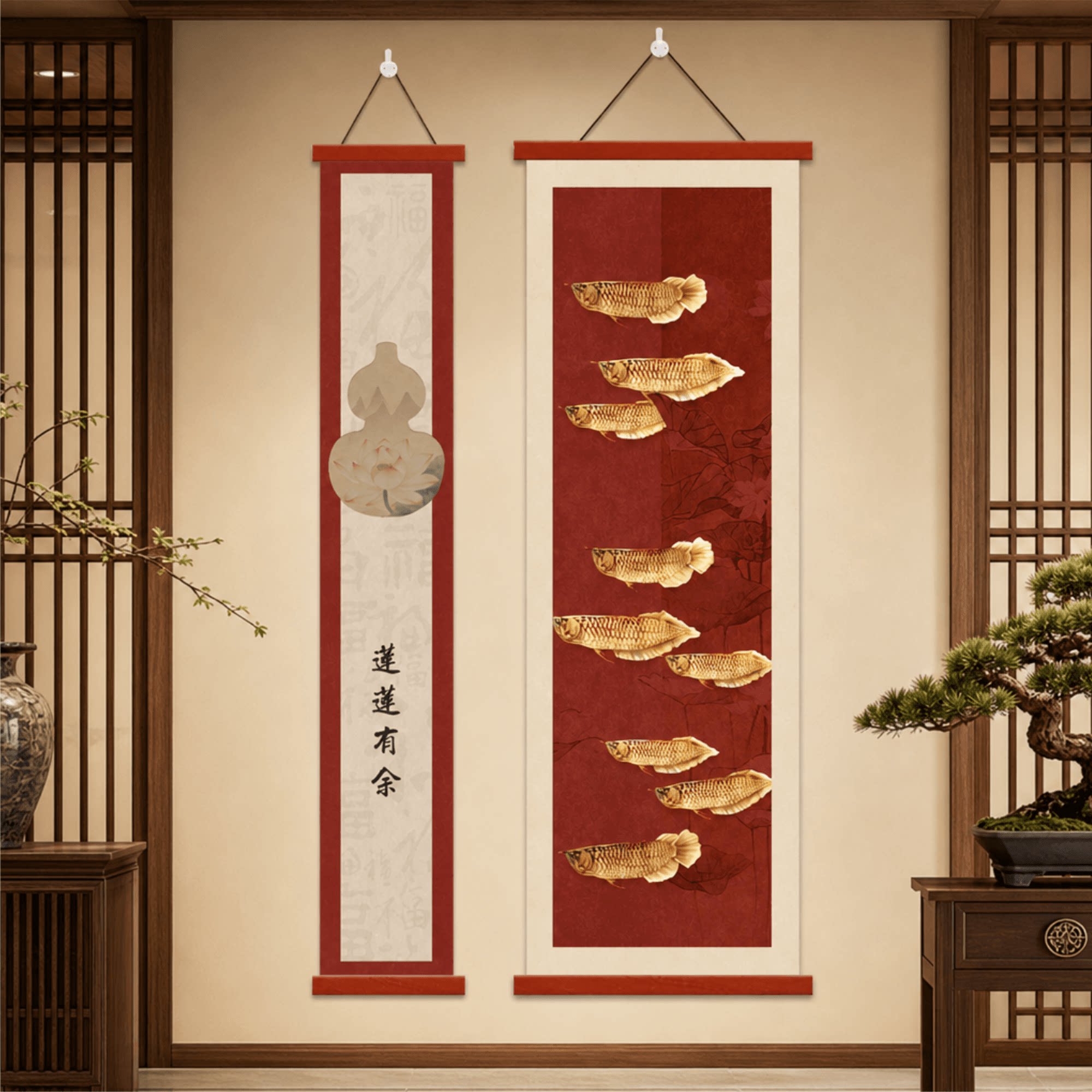 新中式国风莲莲有余九鱼图玄关走廊过道客厅茶室墙面装饰挂画精品