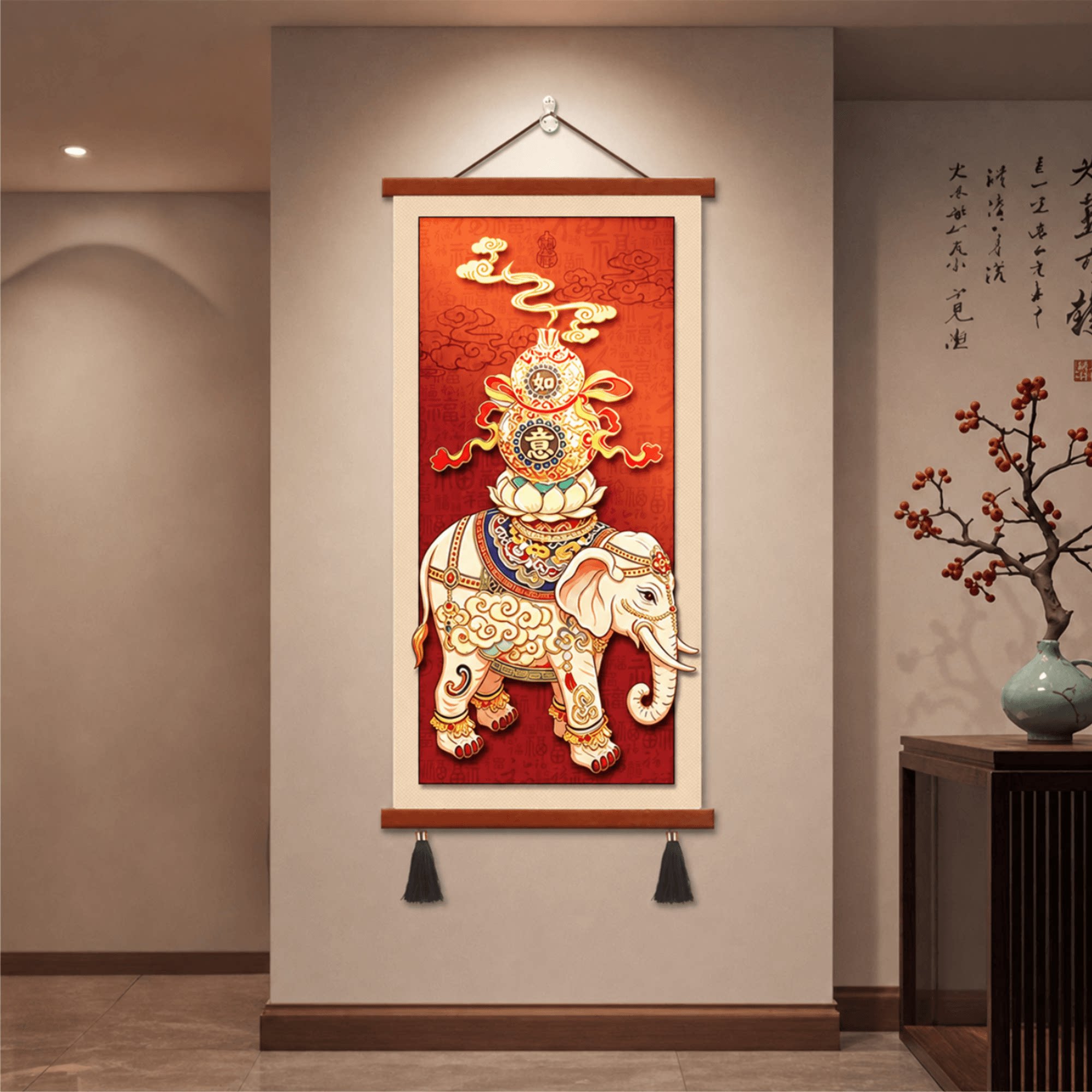 轻奢中式玄关吉祥如意大象葫芦福字装饰挂画走廊过道招财竖版壁画