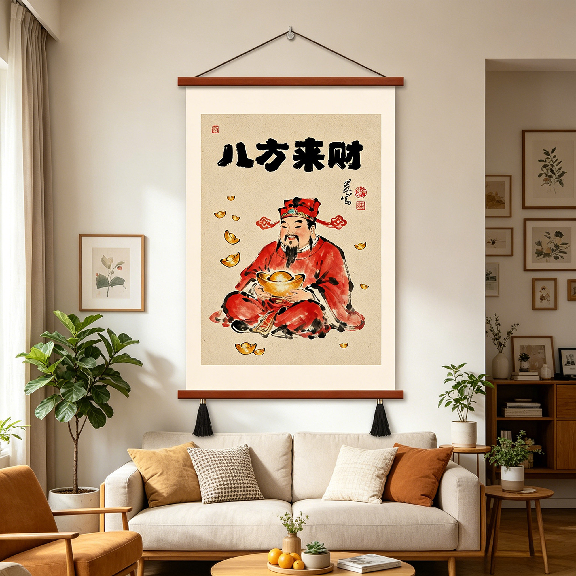 八方来财财神装饰画奶茶店美甲店遮挡挂画餐厅电表箱壁画开业礼物