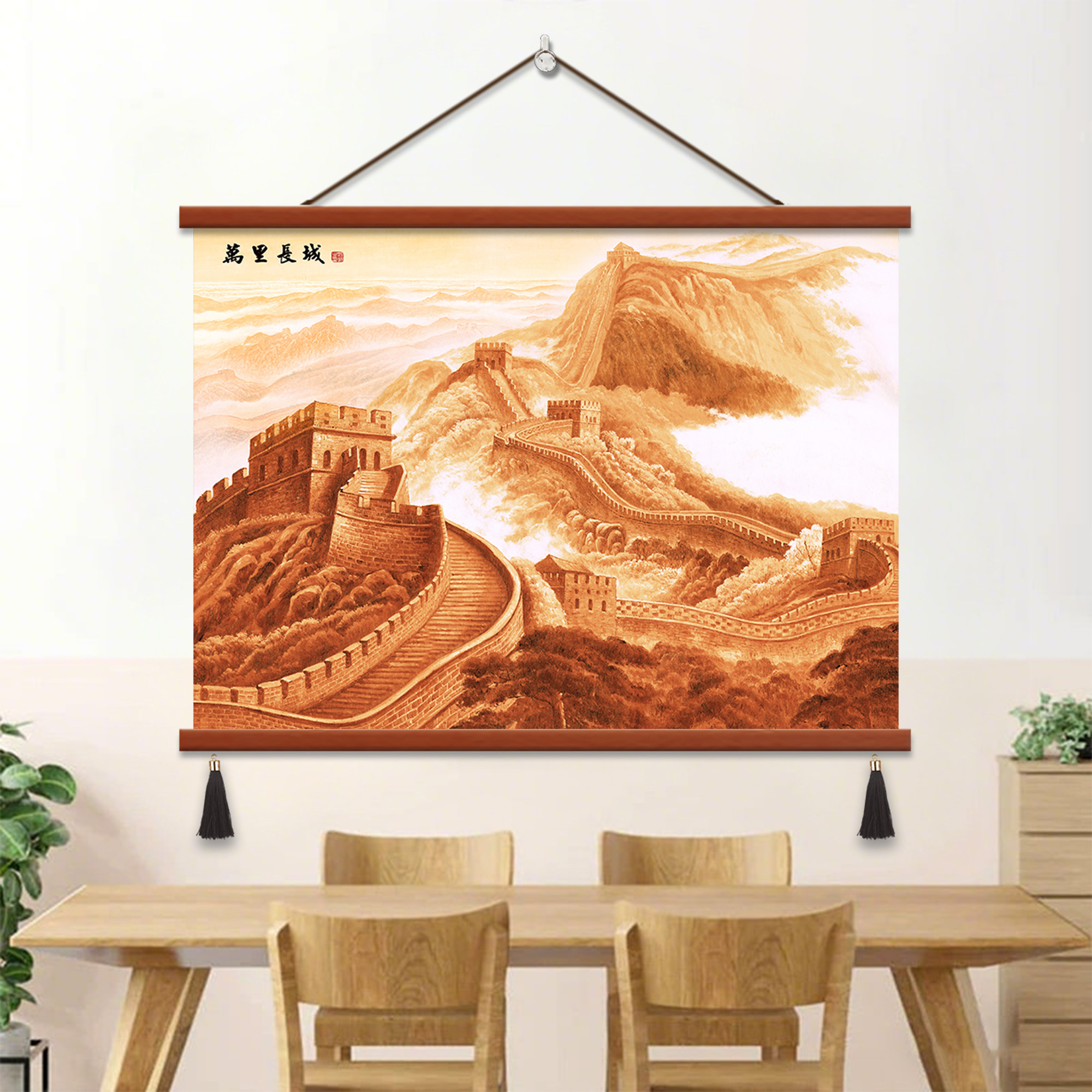 山水风景挂画招财风水流水生财迎客松挂卷轴背景墙客厅玄关装饰画