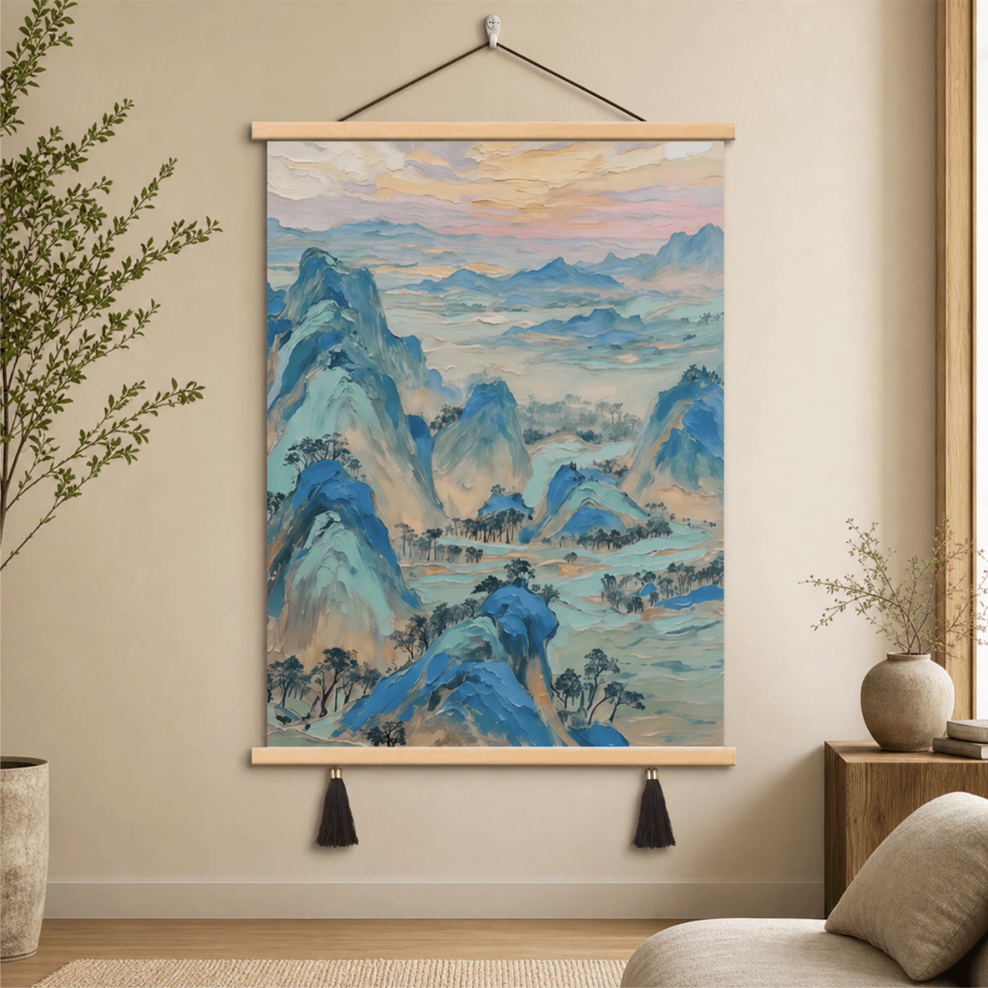 轻奢高级感现代新中式千里江山肌理油画卧室客厅玄关墙面装饰挂画