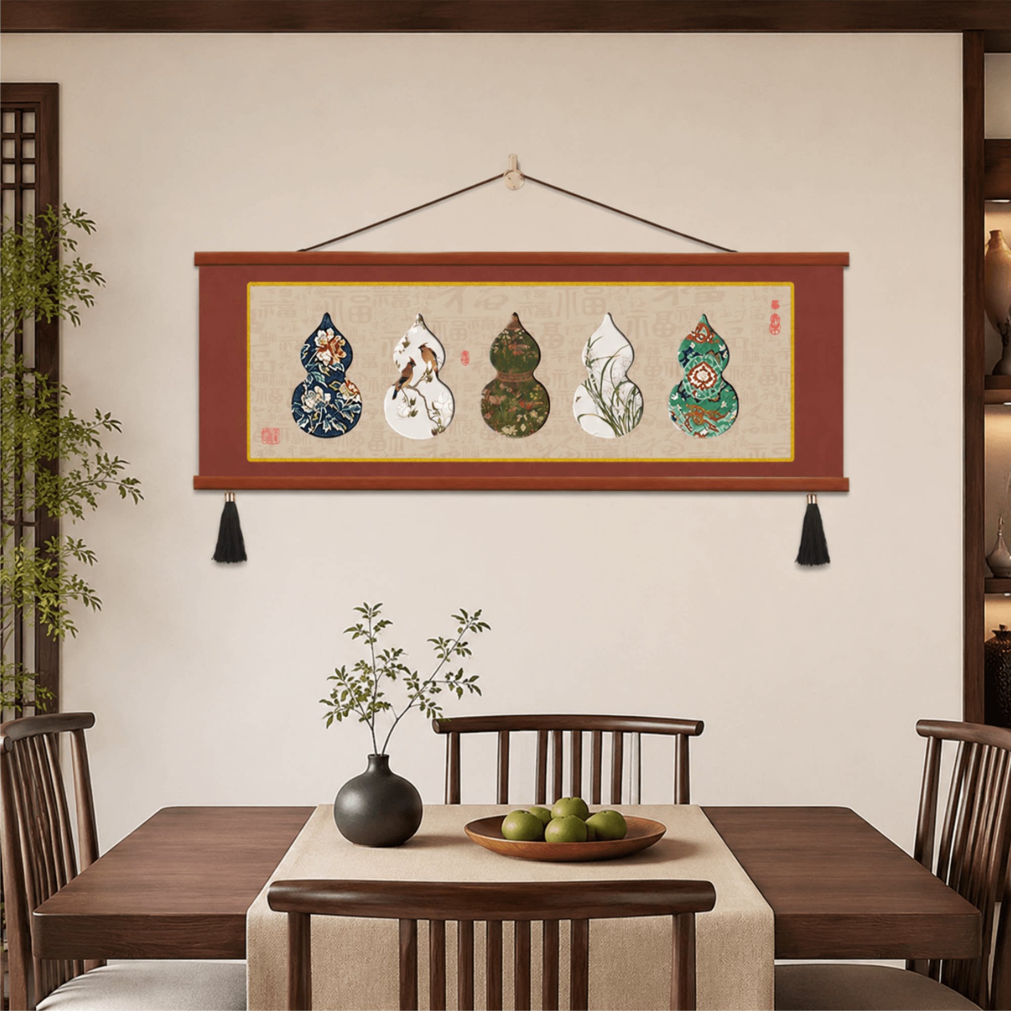 新中式五福葫芦百福图装饰画餐厅客厅背景墙轻奢国风挂画玄关茶室