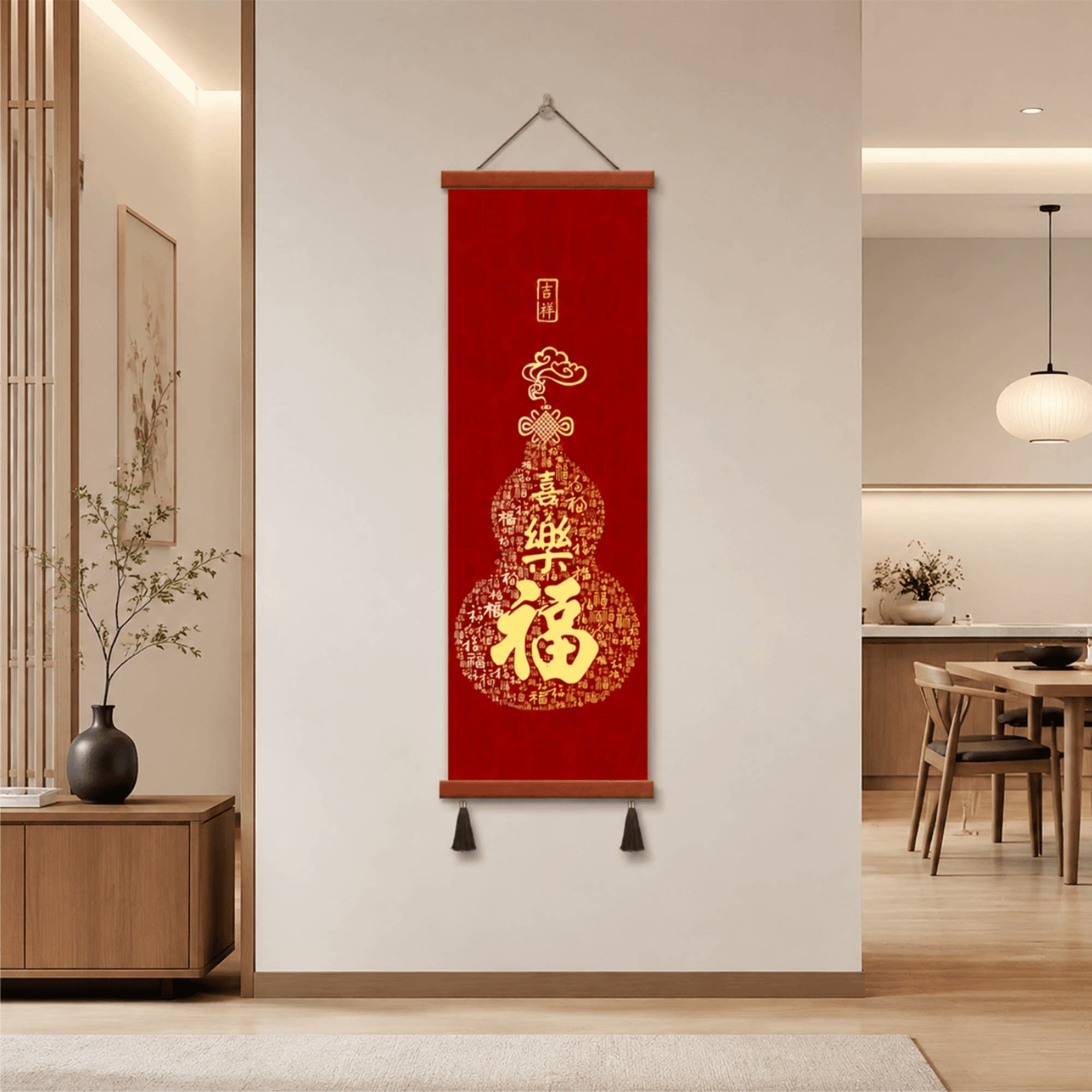 新中式喜乐福字葫芦挂毯 玄关客厅墙面喜庆免打孔布艺装饰挂画