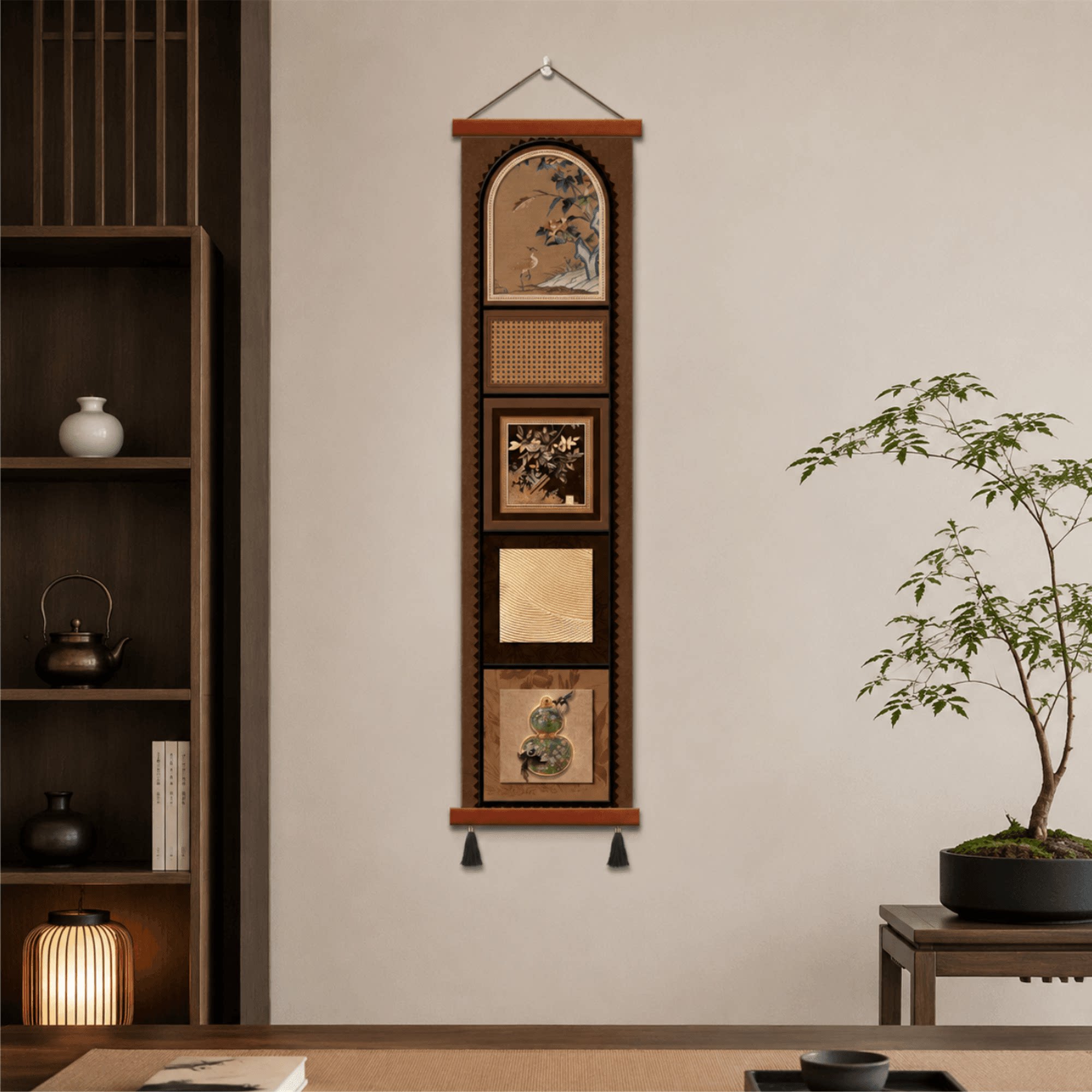 新中式复古玄关走廊竖版装饰画轻奢高级小众花鸟葫芦墙面艺术挂画