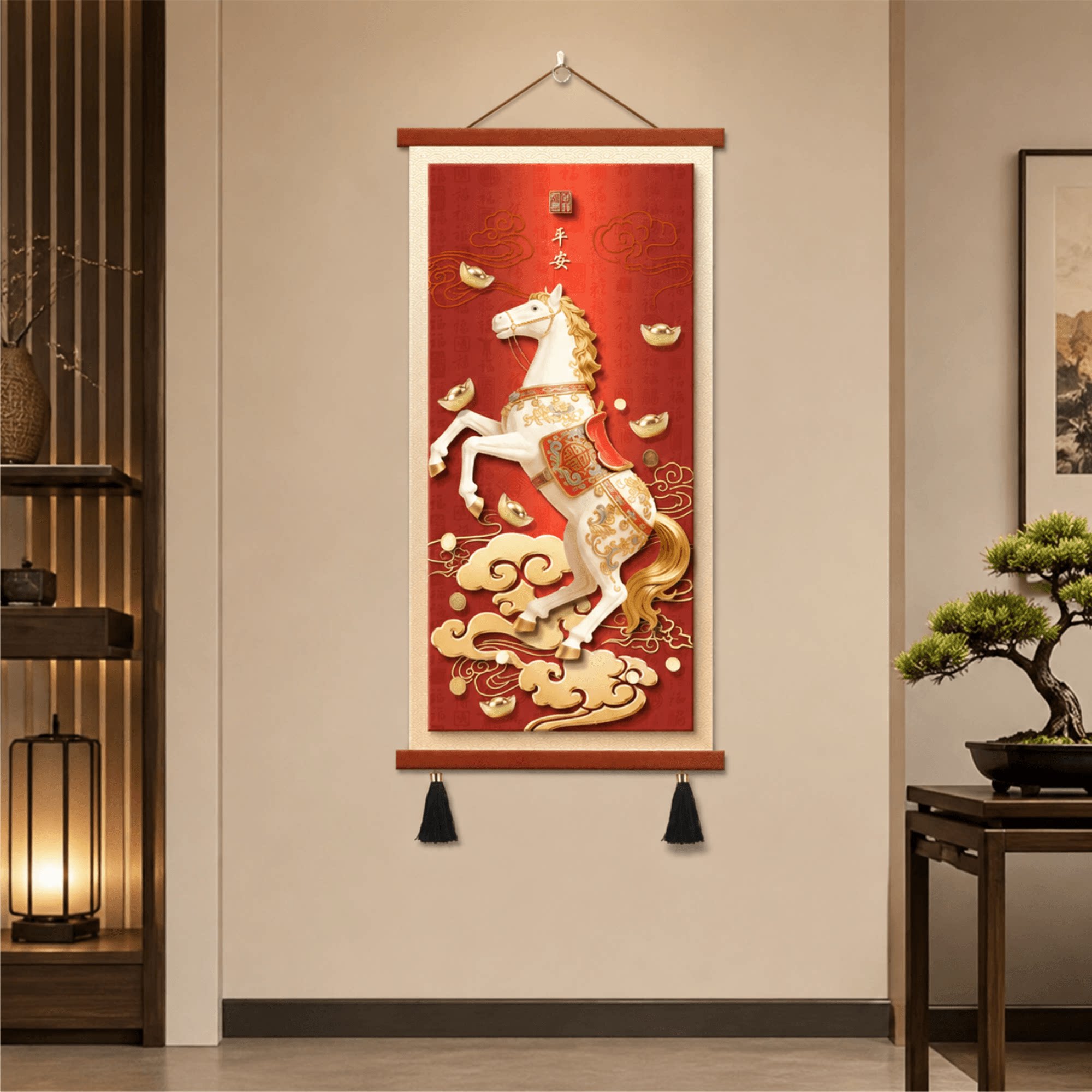 新中式平安立马发财入户玄关轻奢高档装饰画客厅走廊竖版挂画