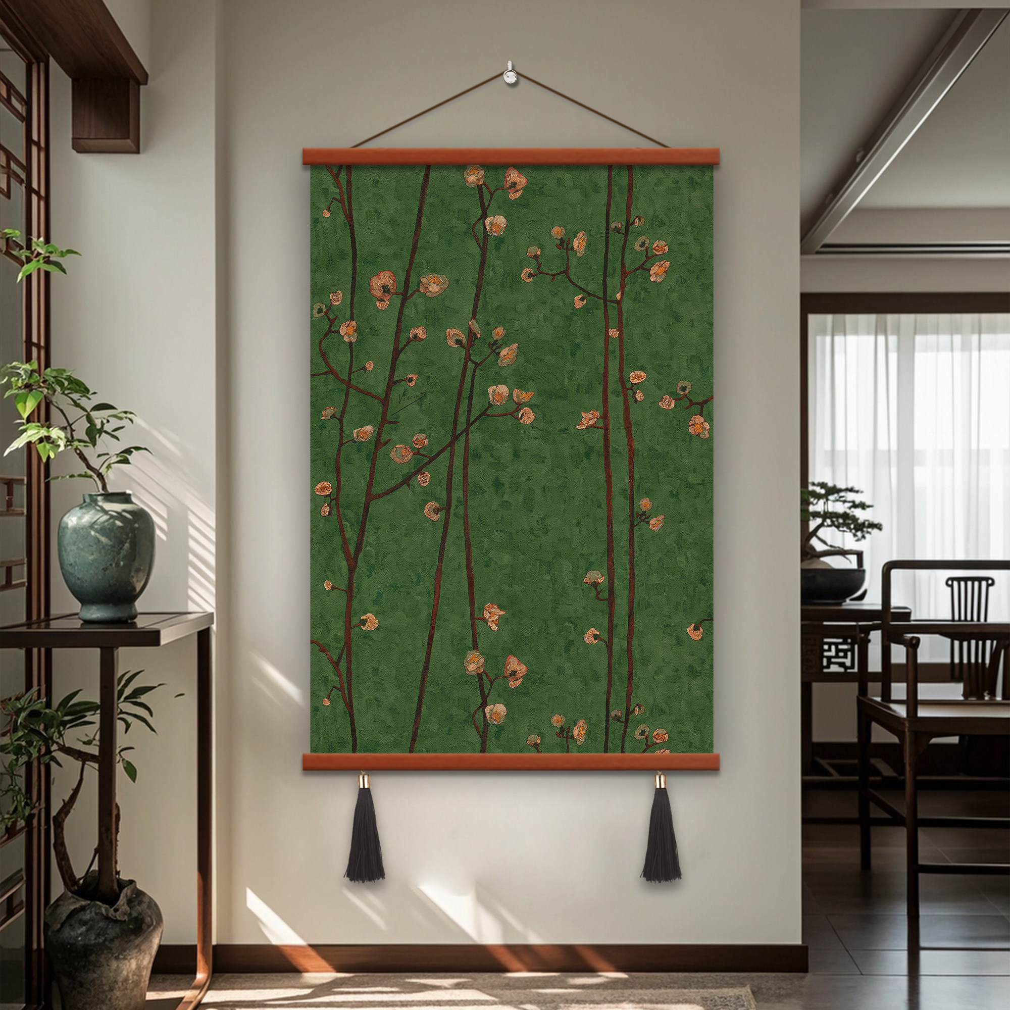现代绿色复古南洋风梅花枝条客厅餐厅玄关装饰画卧室壁画竖版挂画