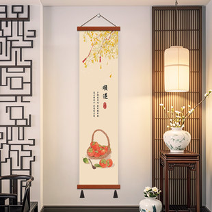 新中式禅意竹帘挂画客厅玄关印花挂式茶室书房荷花装饰画卷轴帘子
