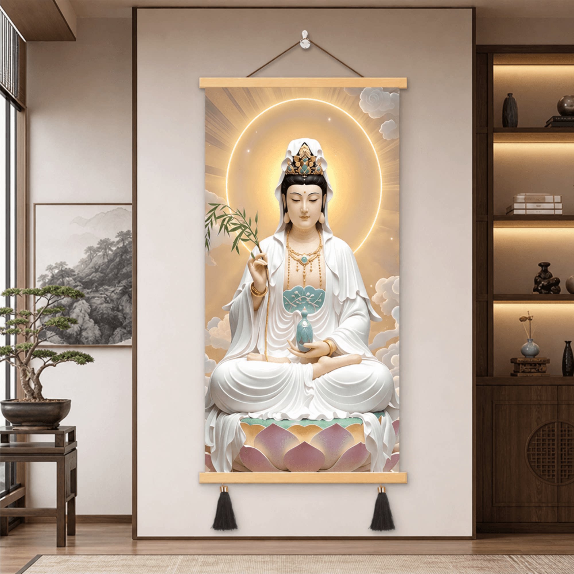 新中式禅意观音菩萨佛像挂画客厅玄关茶室佛堂供奉家用平安装饰画