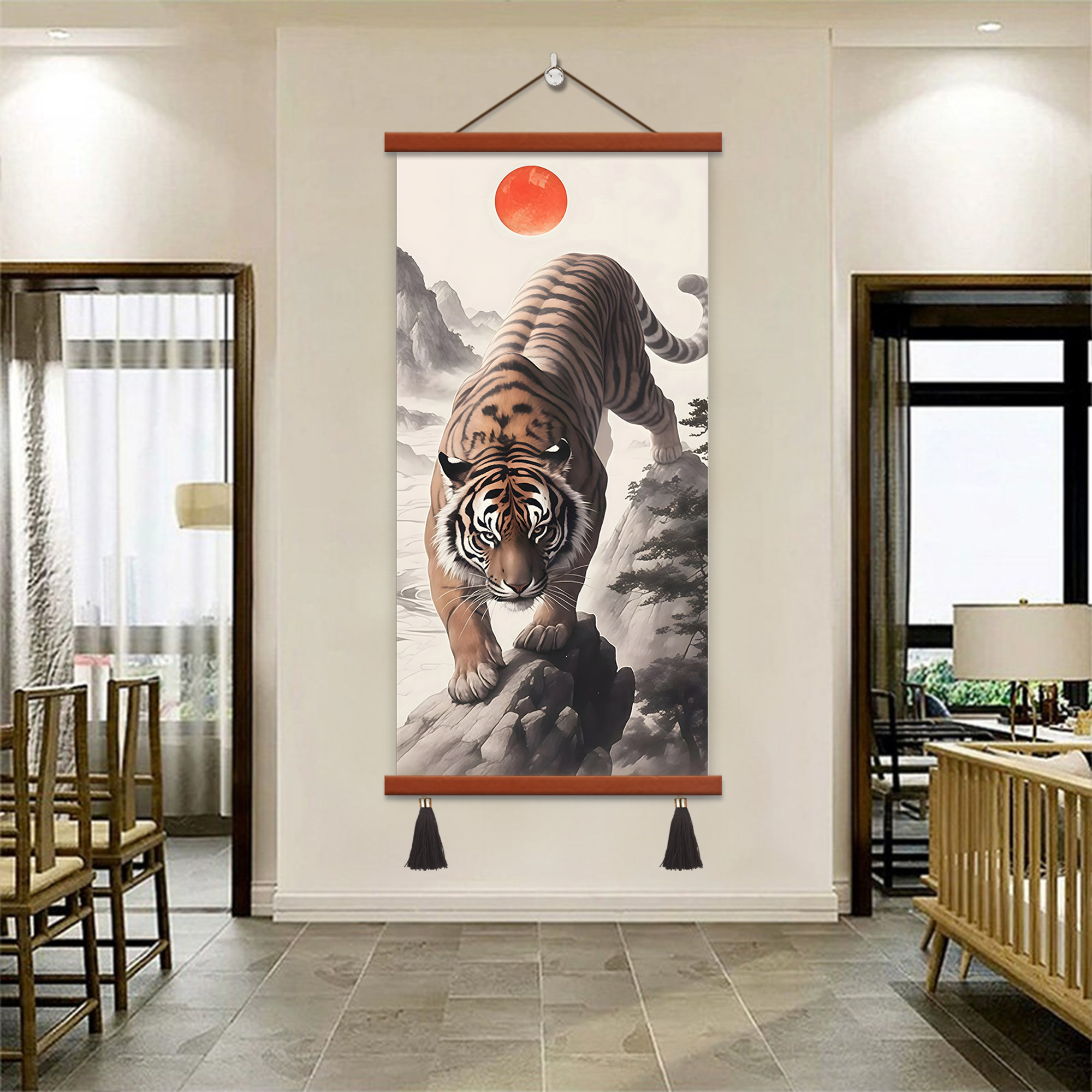 老虎国画猛虎下山玄关装饰画客厅办公室入户墙画壁画镇宅旺宅挂画