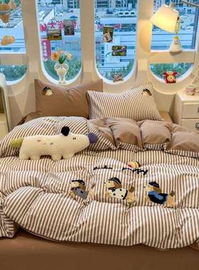 纯棉磨毛床上套件全棉毛OAL巾绣加厚被套罩学生宿床单舍双人三四