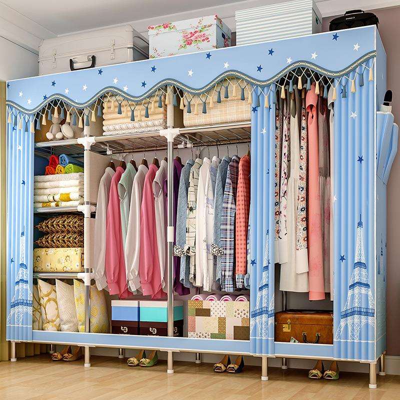 简易衣柜家用钢加管加2565D固组出租房宿舍粗收纳挂衣架卧室装布